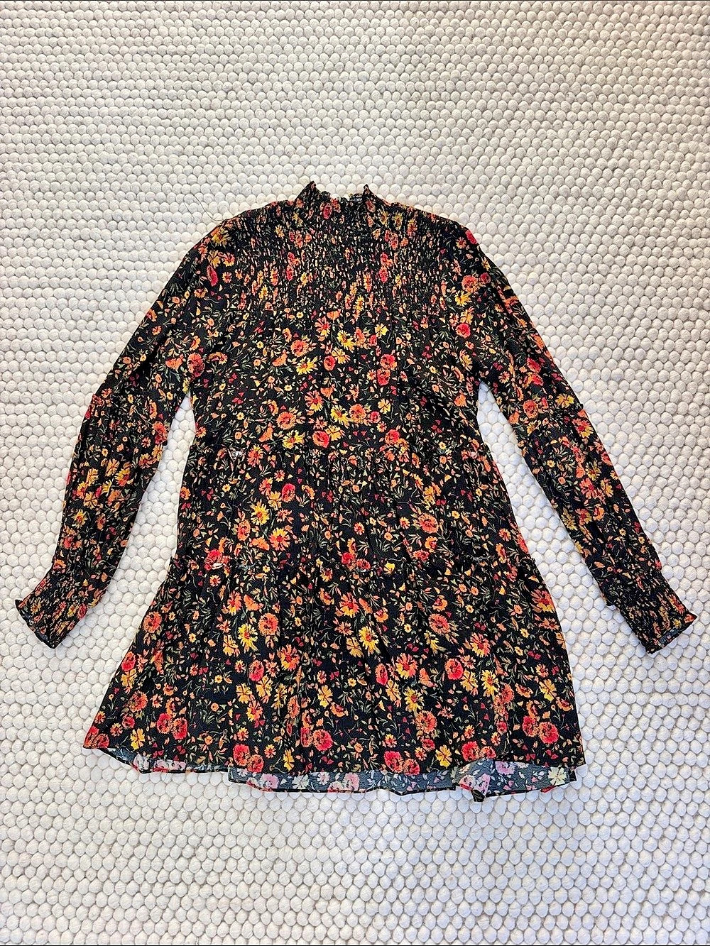 Floral Mini Dress with High Neck in Black, Orange & Red Like New